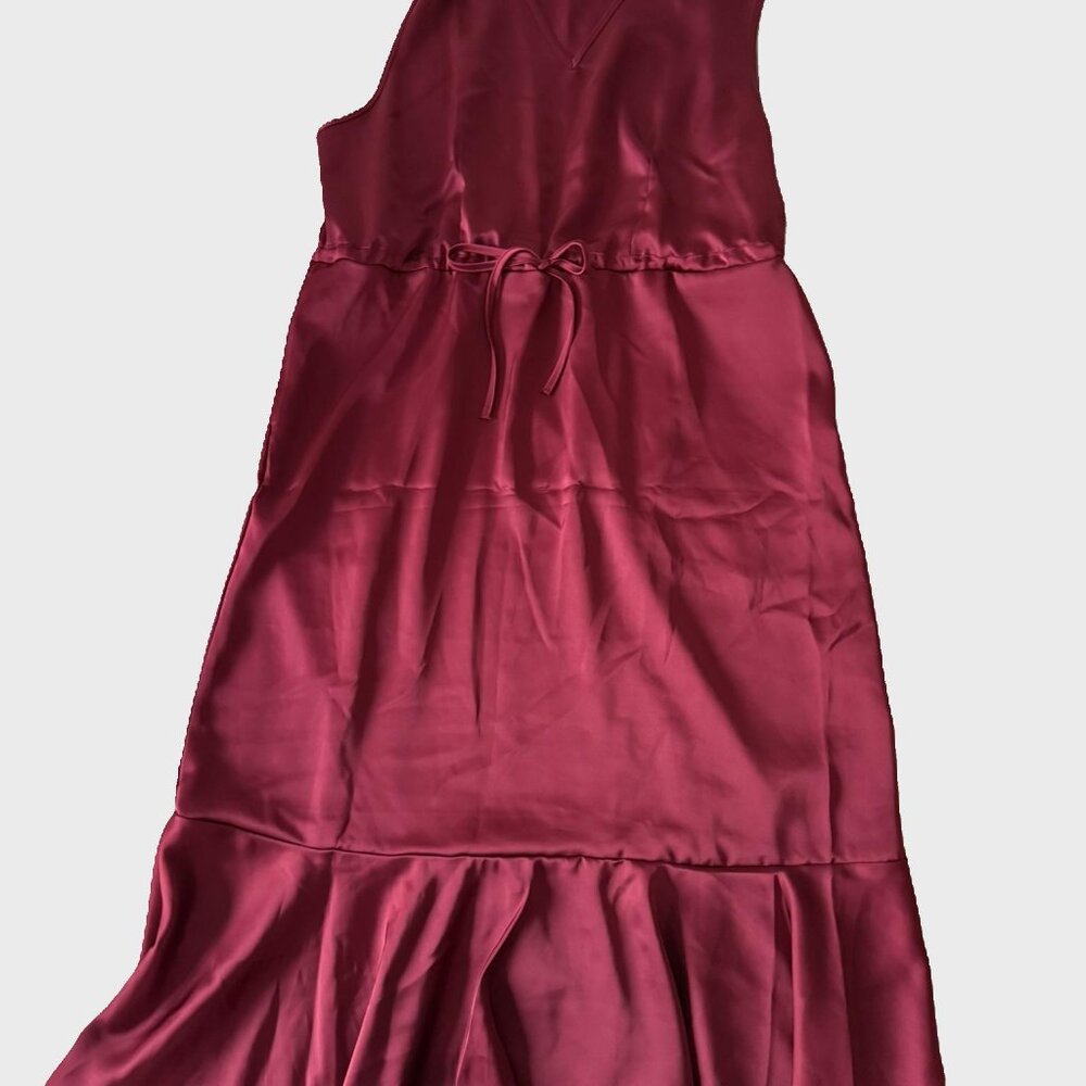 V Neck Sleeveless Drawstring Side Pocket Ruffle Hem Midi Satin-Like Lounge Dress - Picture 4 of 4